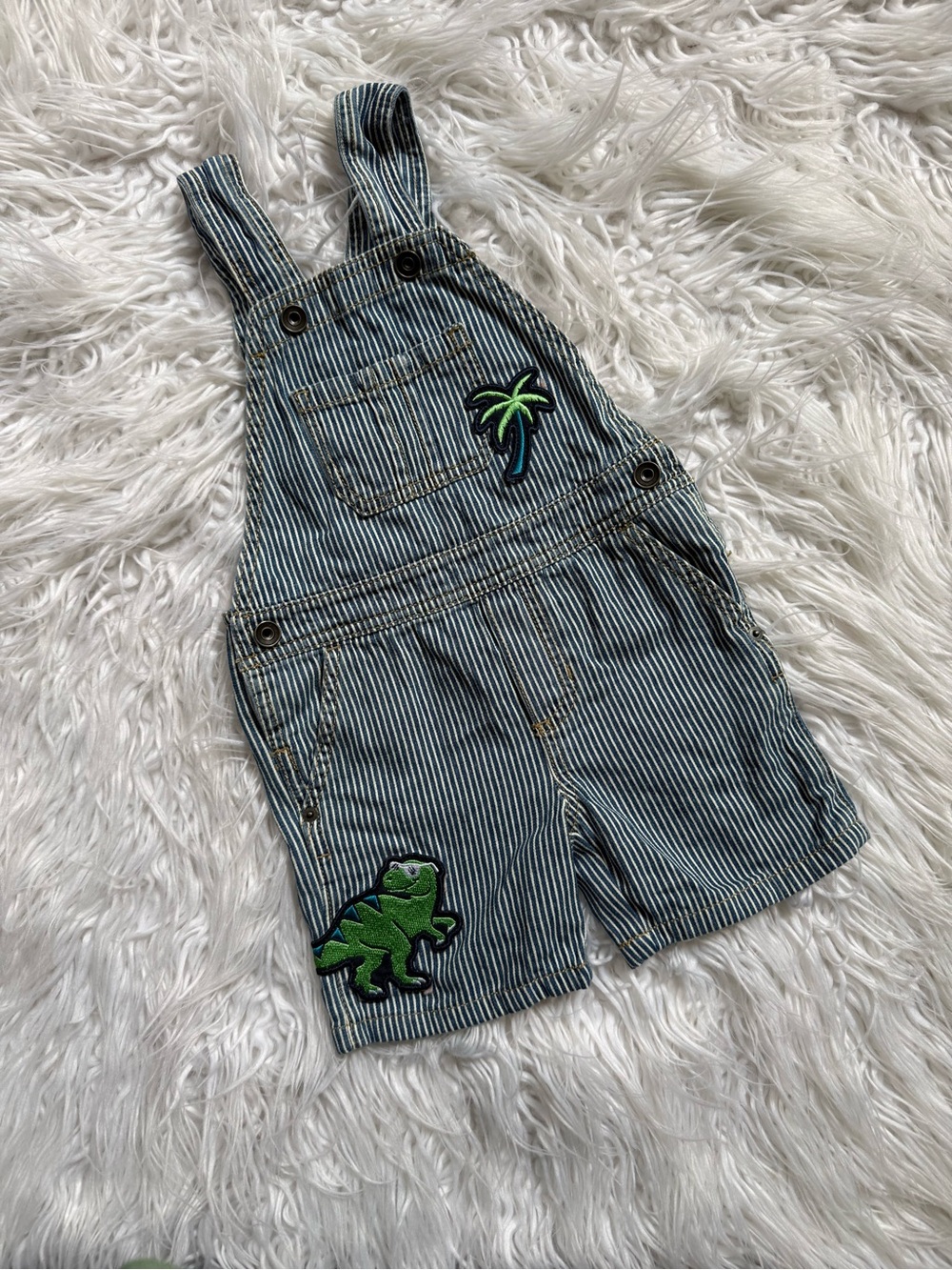 Striped Denim Overalls Shortall with Green Patches